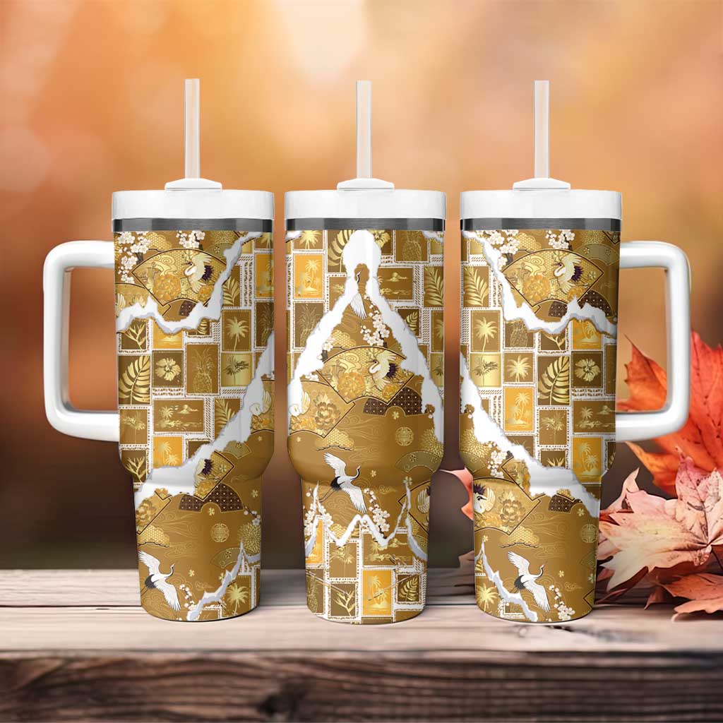 Hawaii Japanese Culture Gold Tumbler With Handle Spring Cranes Aloha Pattern LT01 - Polynesian Pride