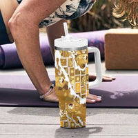 Hawaii Japanese Culture Gold Tumbler With Handle Spring Cranes Aloha Pattern LT01 - Polynesian Pride
