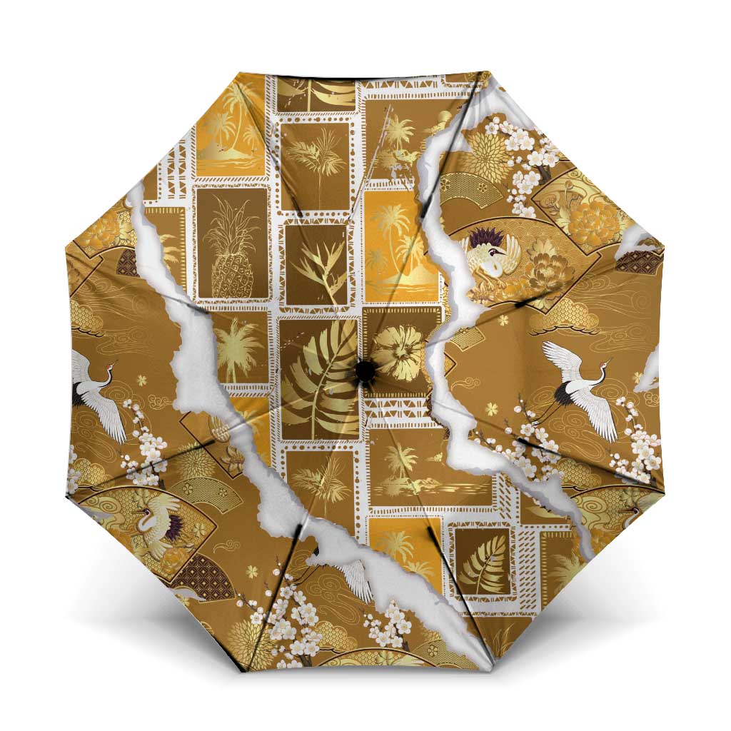 Hawaii Japanese Culture Gold Umbrella Spring Cranes Aloha Pattern LT01 One Size Folded 11.42 inch Opened Diameter 37.4 inch Gold - Polynesian Pride