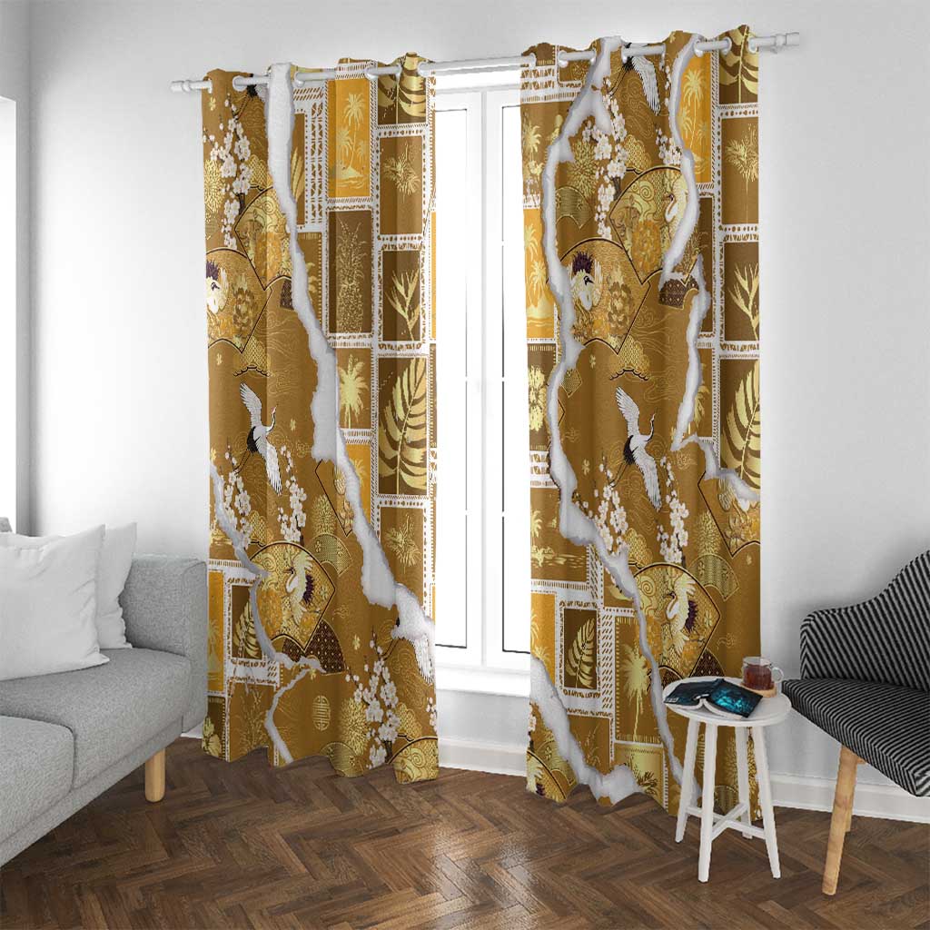 Hawaii Japanese Culture Gold Window Curtain Spring Cranes Aloha Pattern LT01 With Grommets Gold - Polynesian Pride