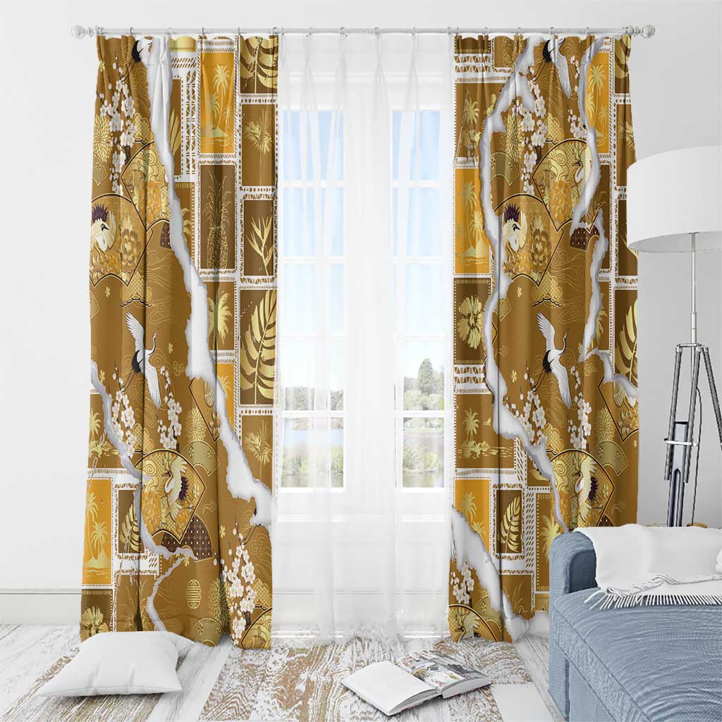 Hawaii Japanese Culture Gold Window Curtain Spring Cranes Aloha Pattern LT01 - Polynesian Pride