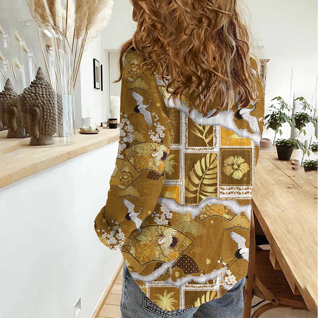 Hawaii Japanese Culture Gold Women Casual Shirt Spring Cranes Aloha Pattern LT01 - Polynesian Pride