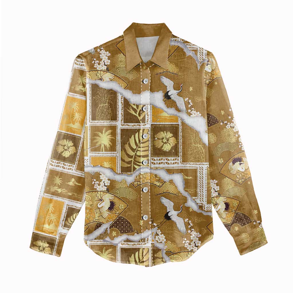 Hawaii Japanese Culture Gold Women Casual Shirt Spring Cranes Aloha Pattern LT01 - Polynesian Pride