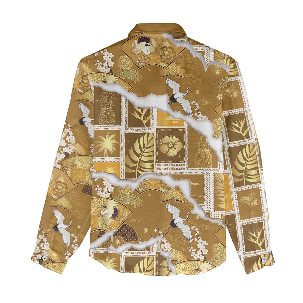 Hawaii Japanese Culture Gold Women Casual Shirt Spring Cranes Aloha Pattern LT01 - Polynesian Pride