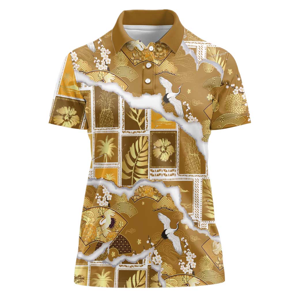 Hawaii Japanese Culture Gold Women Polo Shirt Spring Cranes Aloha Pattern LT01 Female Gold - Polynesian Pride
