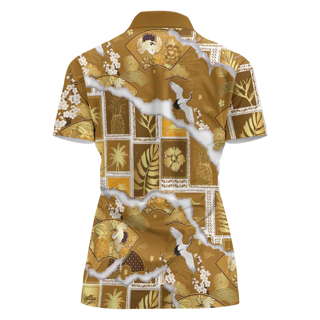 Hawaii Japanese Culture Gold Women Polo Shirt Spring Cranes Aloha Pattern LT01 - Polynesian Pride