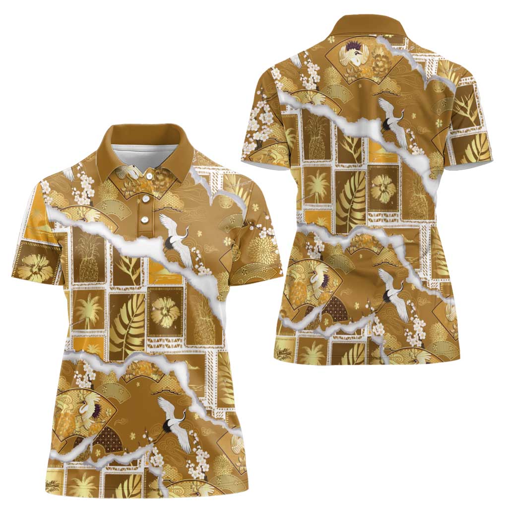 Hawaii Japanese Culture Gold Women Polo Shirt Spring Cranes Aloha Pattern LT01 - Polynesian Pride