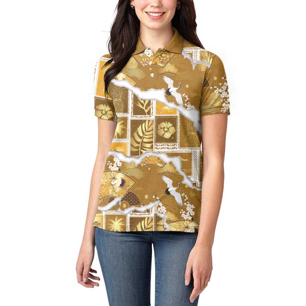 Hawaii Japanese Culture Gold Women Polo Shirt Spring Cranes Aloha Pattern LT01 - Polynesian Pride