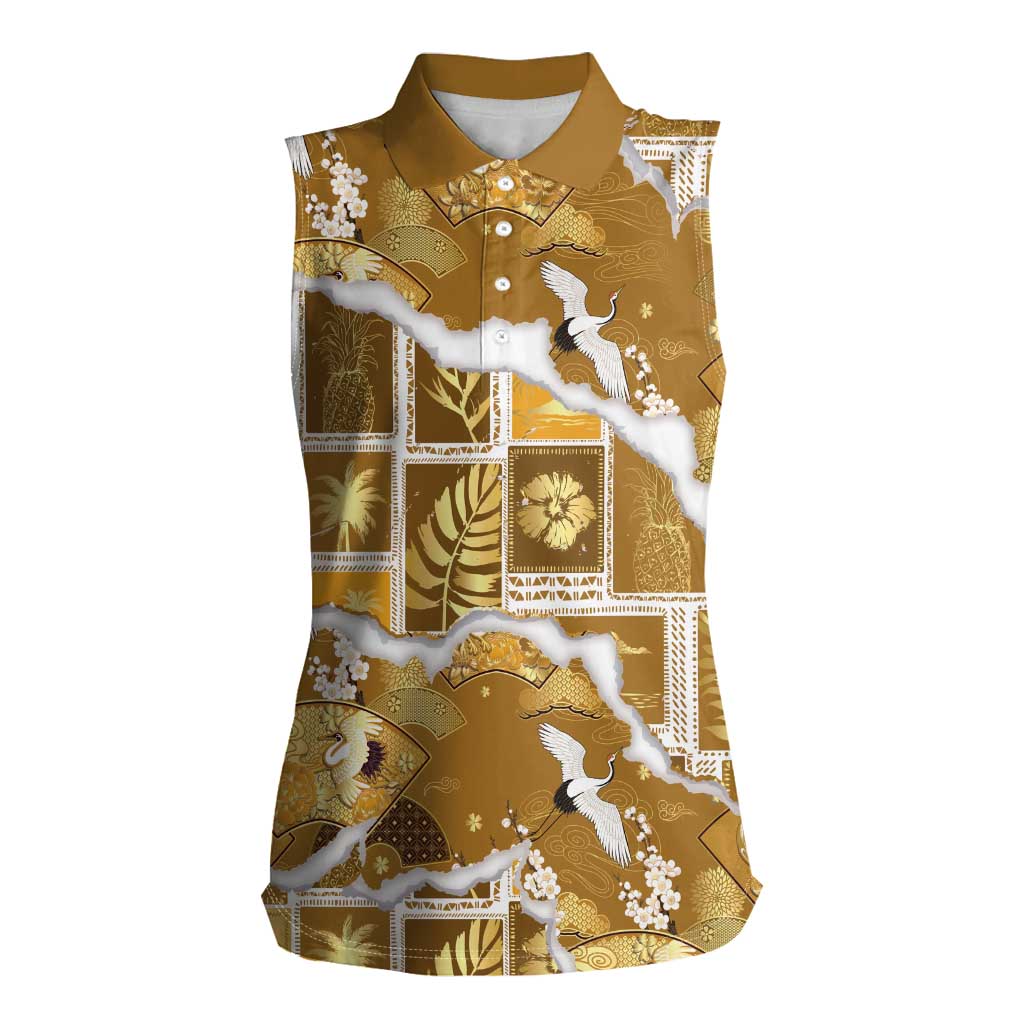 Hawaii Japanese Culture Gold Women Sleeveless Polo Shirt Spring Cranes Aloha Pattern LT01 Female Gold - Polynesian Pride