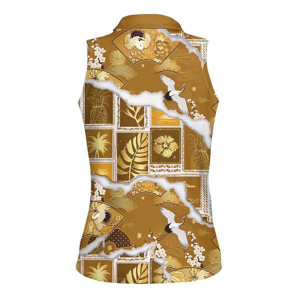 Hawaii Japanese Culture Gold Women Sleeveless Polo Shirt Spring Cranes Aloha Pattern LT01 - Polynesian Pride