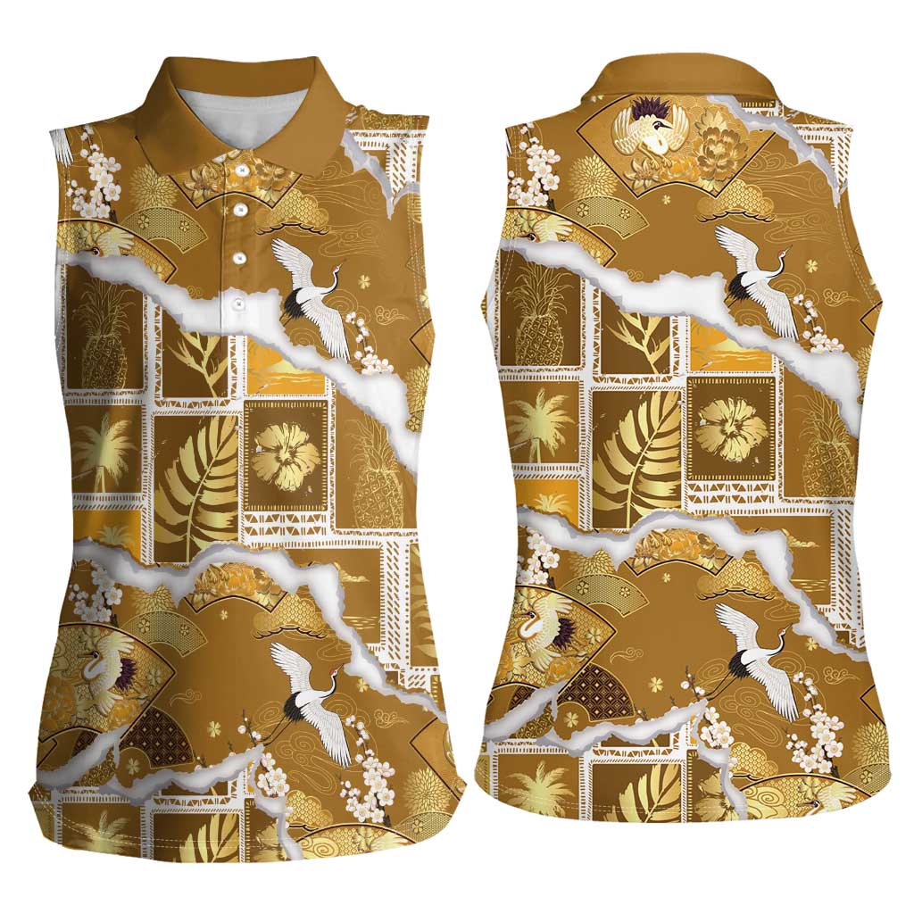 Hawaii Japanese Culture Gold Women Sleeveless Polo Shirt Spring Cranes Aloha Pattern LT01 - Polynesian Pride