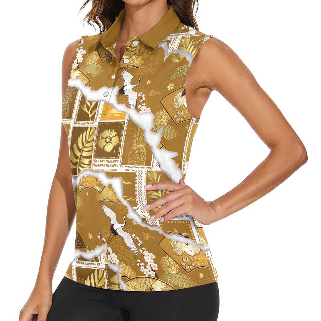 Hawaii Japanese Culture Gold Women Sleeveless Polo Shirt Spring Cranes Aloha Pattern LT01 - Polynesian Pride