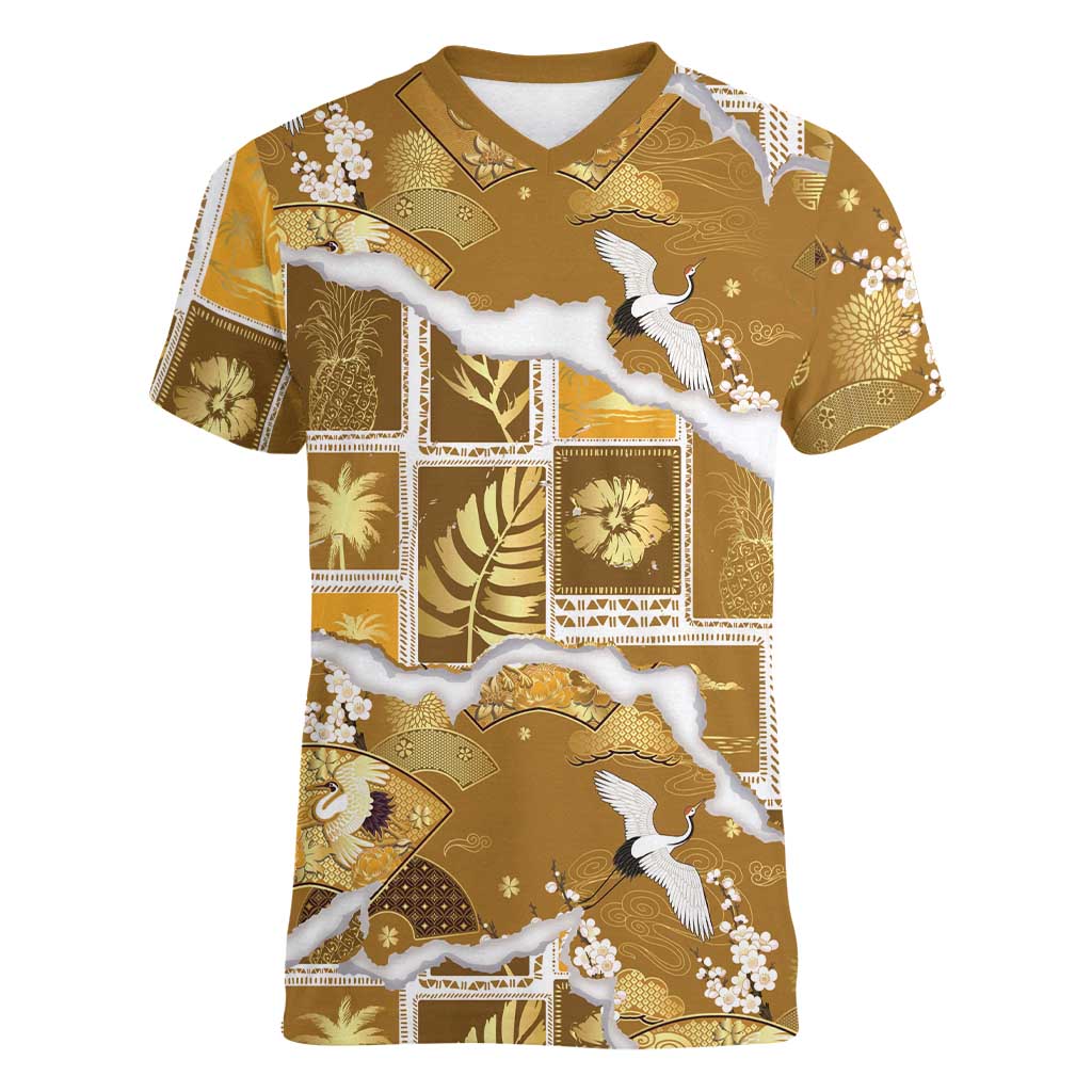 Hawaii Japanese Culture Gold Women V-Neck T-Shirt Spring Cranes Aloha Pattern LT01 Female Gold - Polynesian Pride