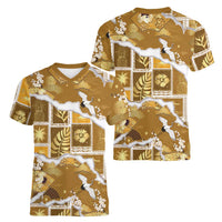 Hawaii Japanese Culture Gold Women V-Neck T-Shirt Spring Cranes Aloha Pattern