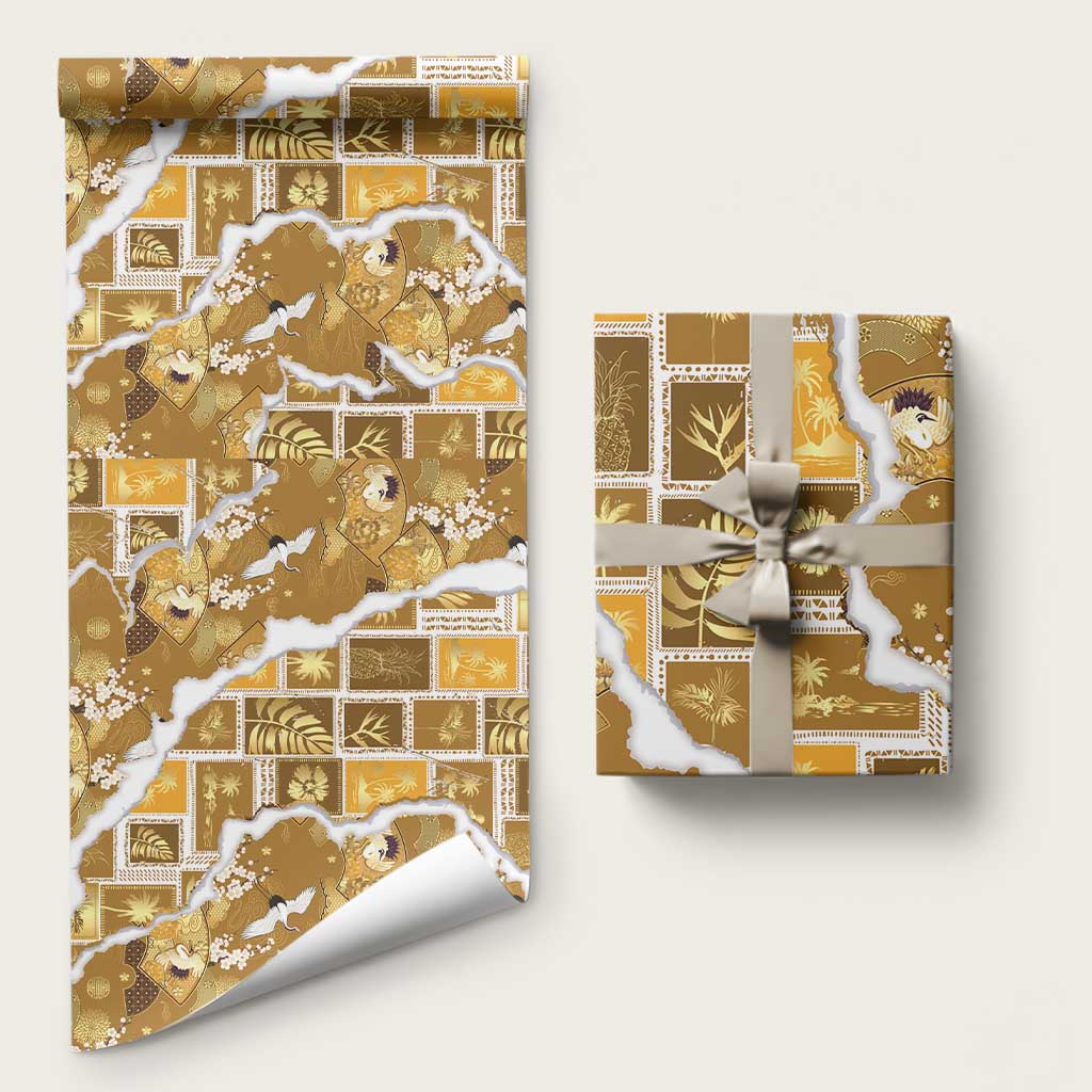 Hawaii Japanese Culture Gold Wrapping Paper Spring Cranes Aloha Pattern LT01 58" × 23" Gold - Polynesian Pride