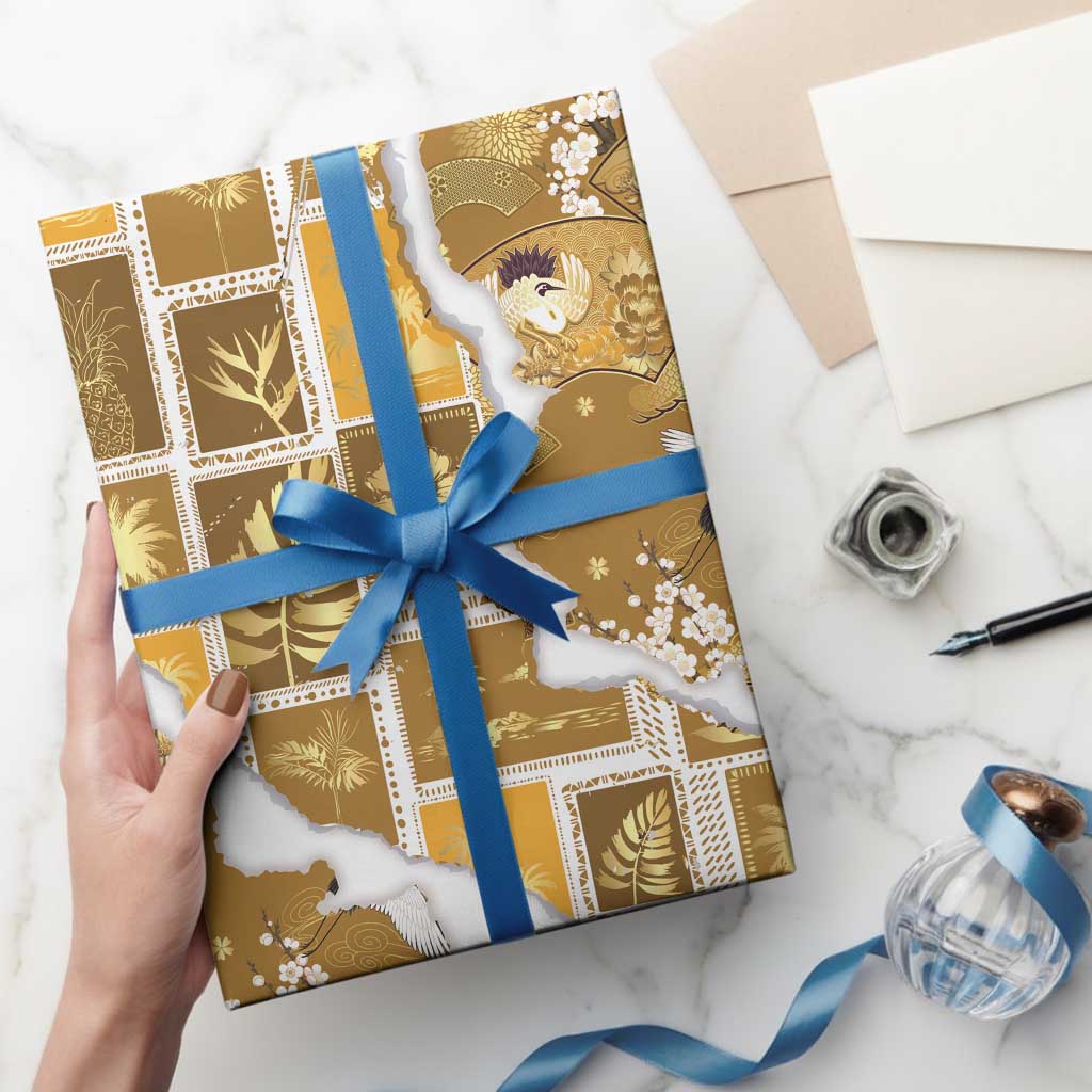 Hawaii Japanese Culture Gold Wrapping Paper Spring Cranes Aloha Pattern LT01 - Polynesian Pride
