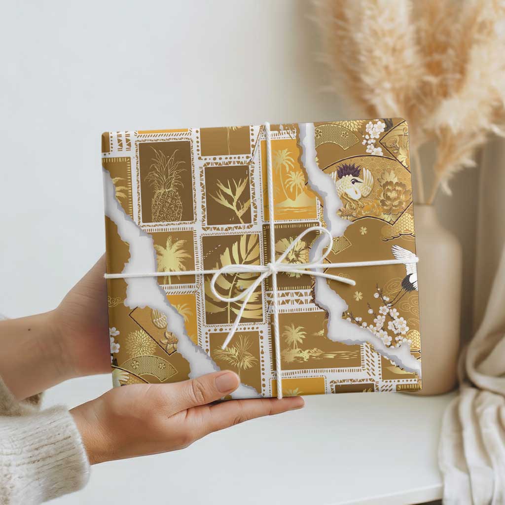 Hawaii Japanese Culture Gold Wrapping Paper Spring Cranes Aloha Pattern LT01 - Polynesian Pride