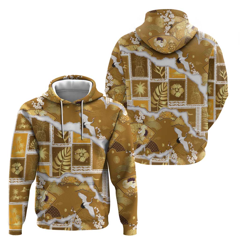 Hawaii Japanese Culture Gold Zip Hoodie Spring Cranes Aloha Pattern LT01 - Polynesian Pride