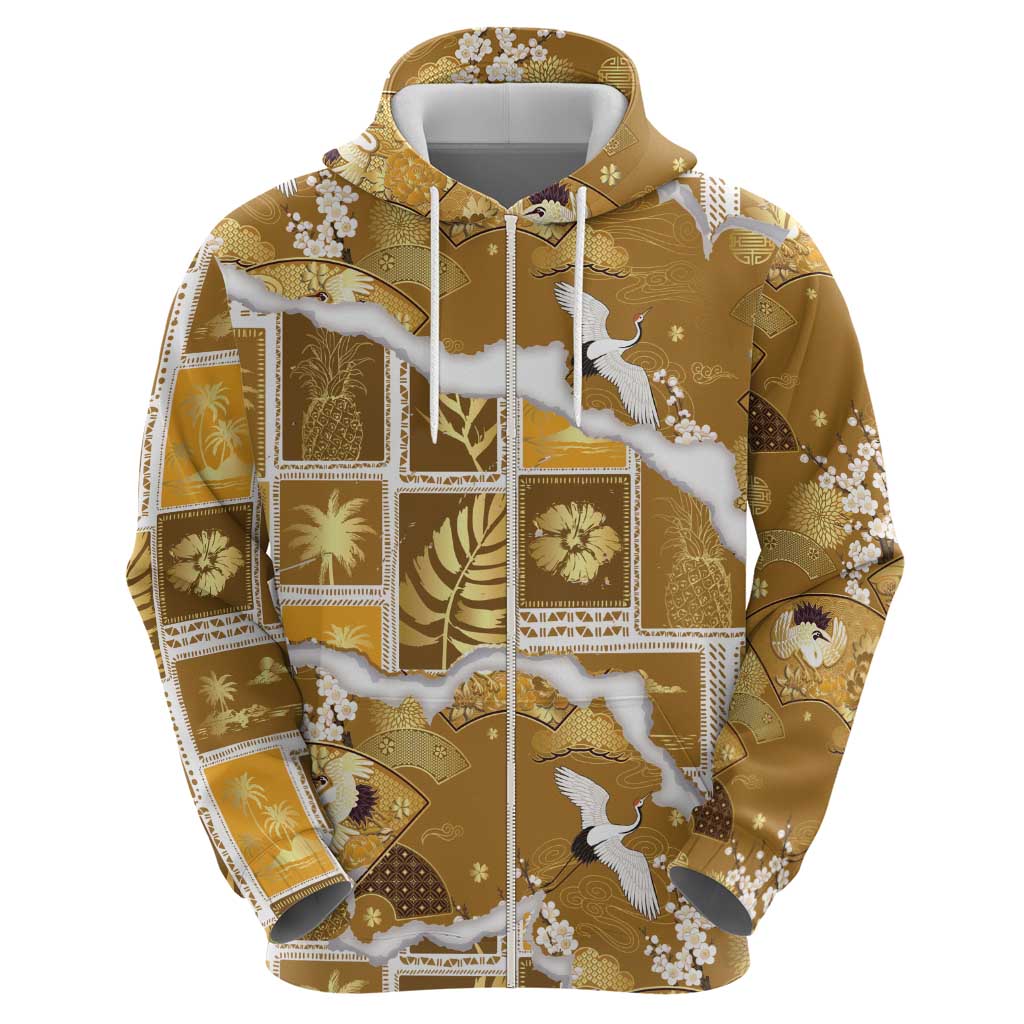 Hawaii Japanese Culture Gold Zip Hoodie Spring Cranes Aloha Pattern LT01 - Polynesian Pride