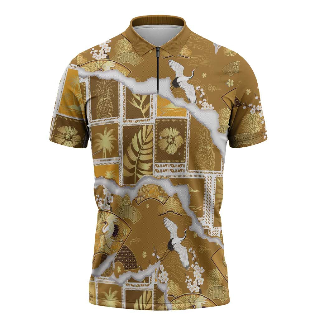 Hawaii Japanese Culture Gold Zipper Polo Shirt Spring Cranes Aloha Pattern LT01 Gold - Polynesian Pride