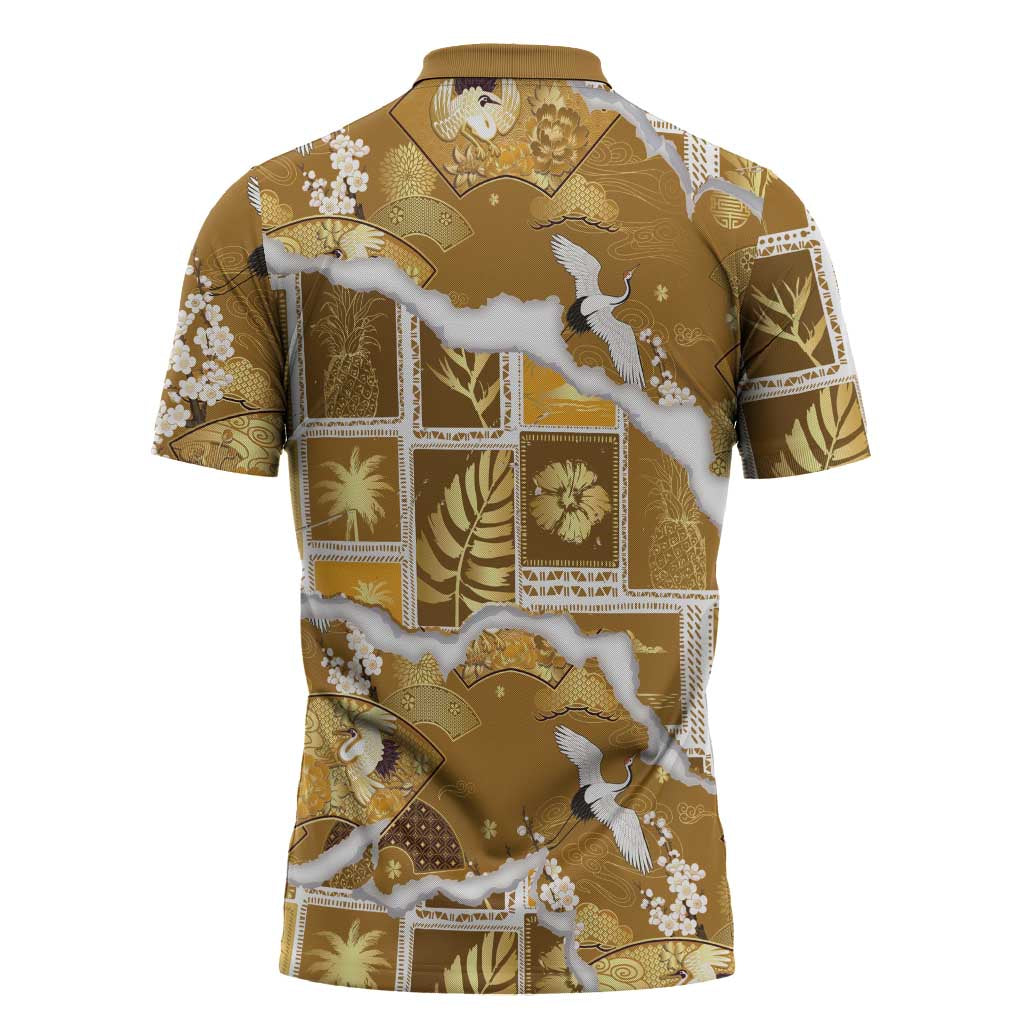 Hawaii Japanese Culture Gold Zipper Polo Shirt Spring Cranes Aloha Pattern LT01 - Polynesian Pride