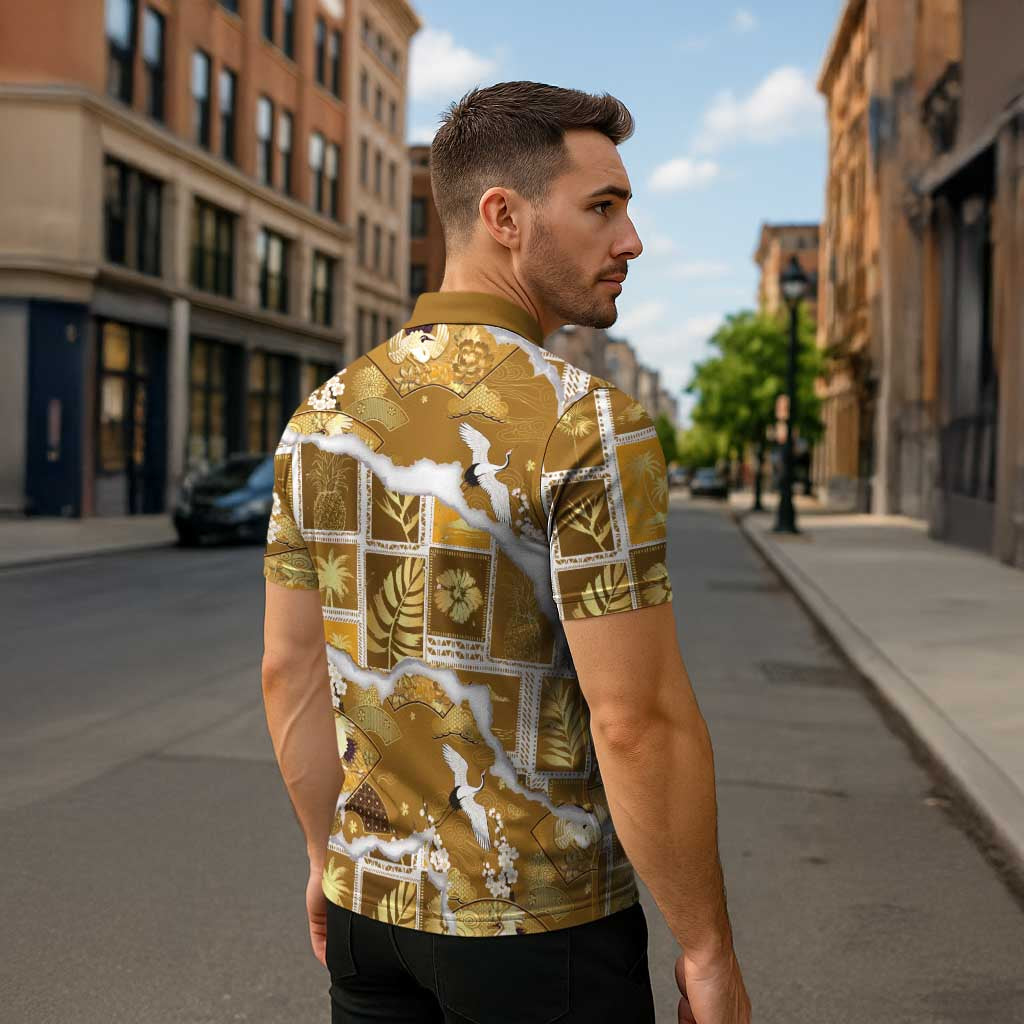 Hawaii Japanese Culture Gold Zipper Polo Shirt Spring Cranes Aloha Pattern LT01 - Polynesian Pride