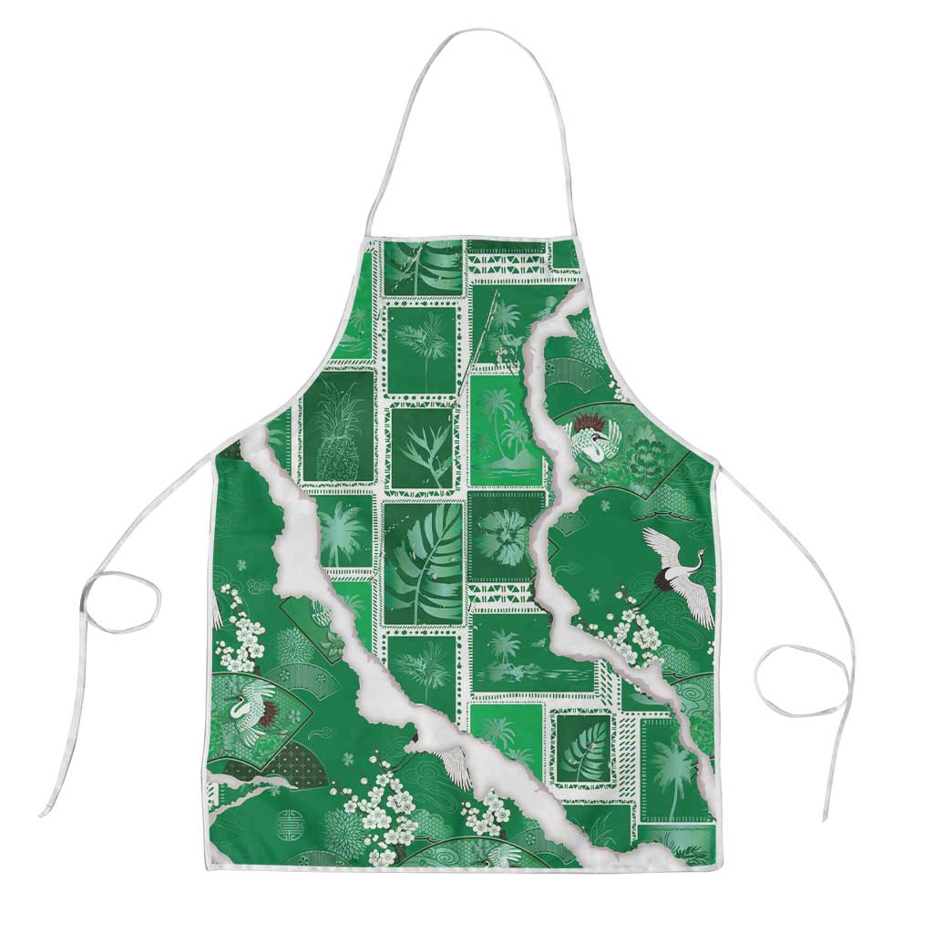 Hawaii Japanese Culture Green Apron Spring Cranes Aloha Pattern LT01 Green - Polynesian Pride