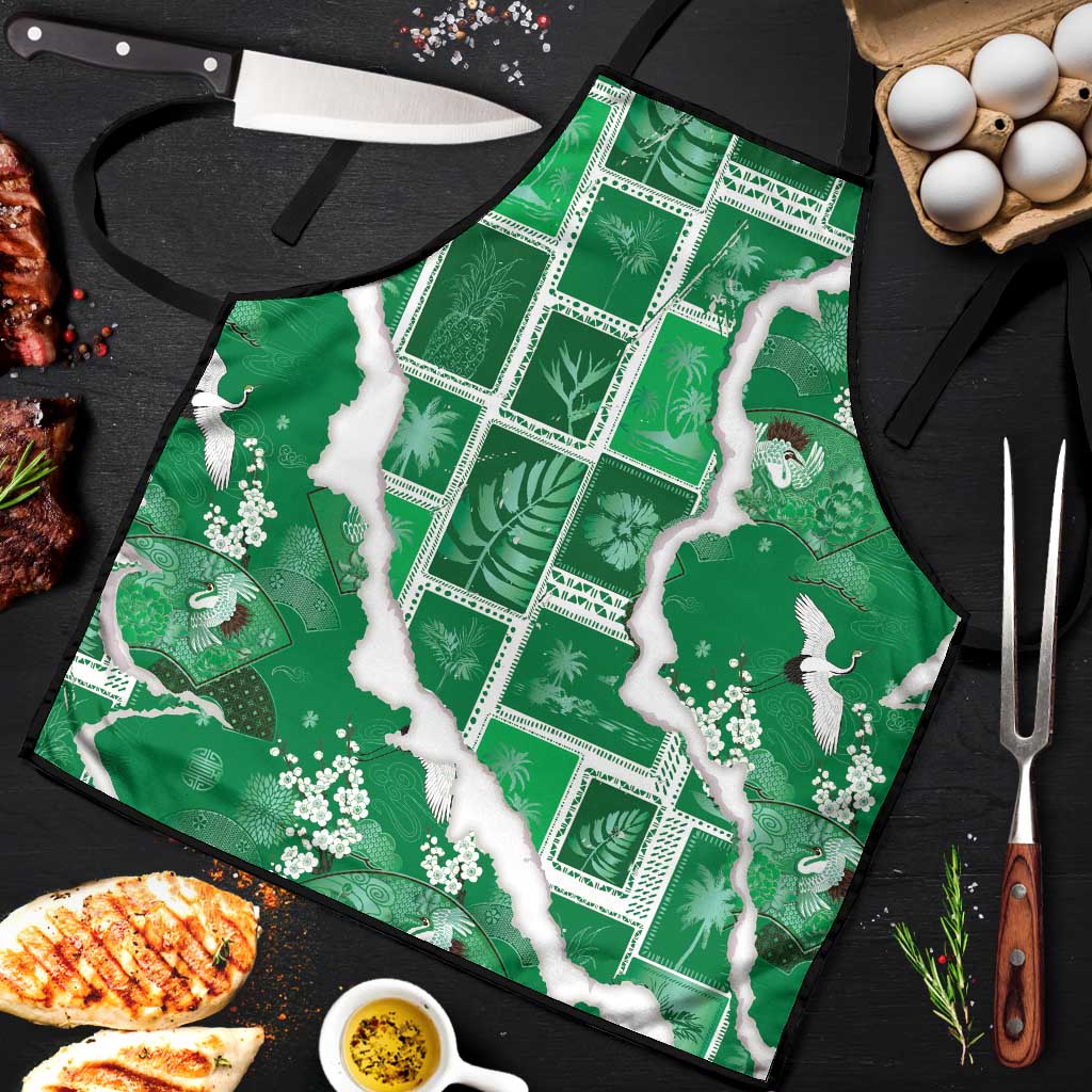 Hawaii Japanese Culture Green Apron Spring Cranes Aloha Pattern LT01 Green - Polynesian Pride