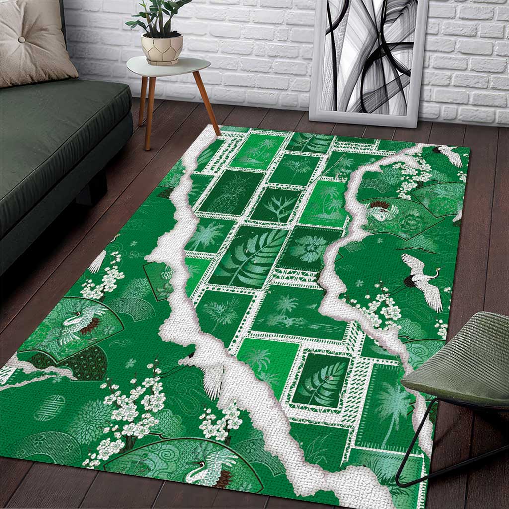 Hawaii Japanese Culture Green Area Rug Spring Cranes Aloha Pattern