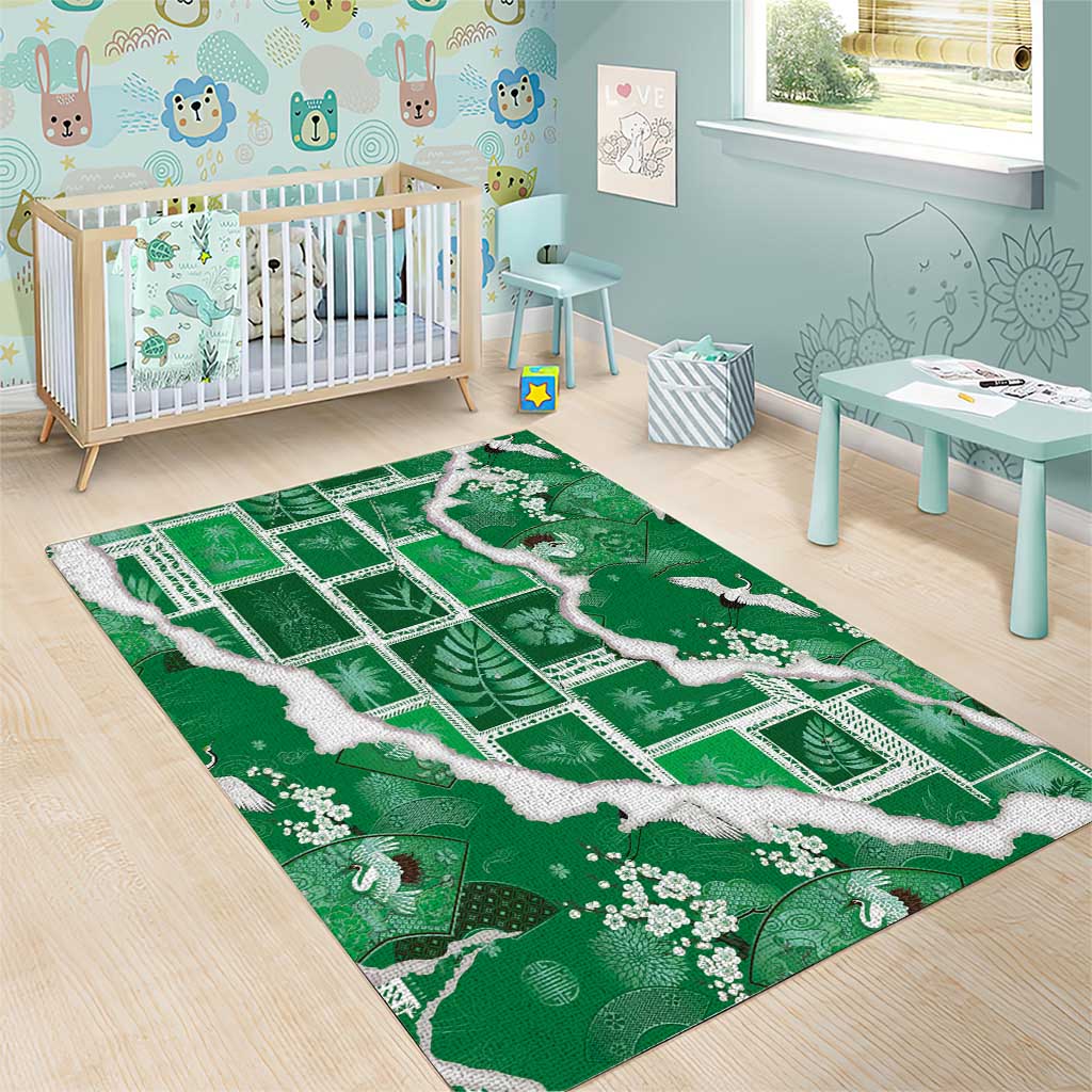 Hawaii Japanese Culture Green Area Rug Spring Cranes Aloha Pattern