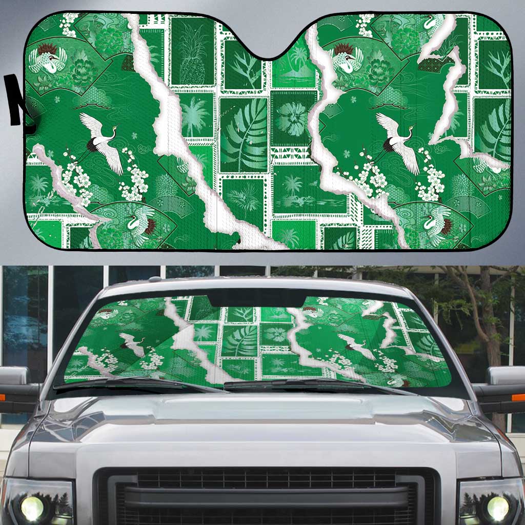 Hawaii Japanese Culture Green Auto Sun Shade Spring Cranes Aloha Pattern LT01 Green - Polynesian Pride