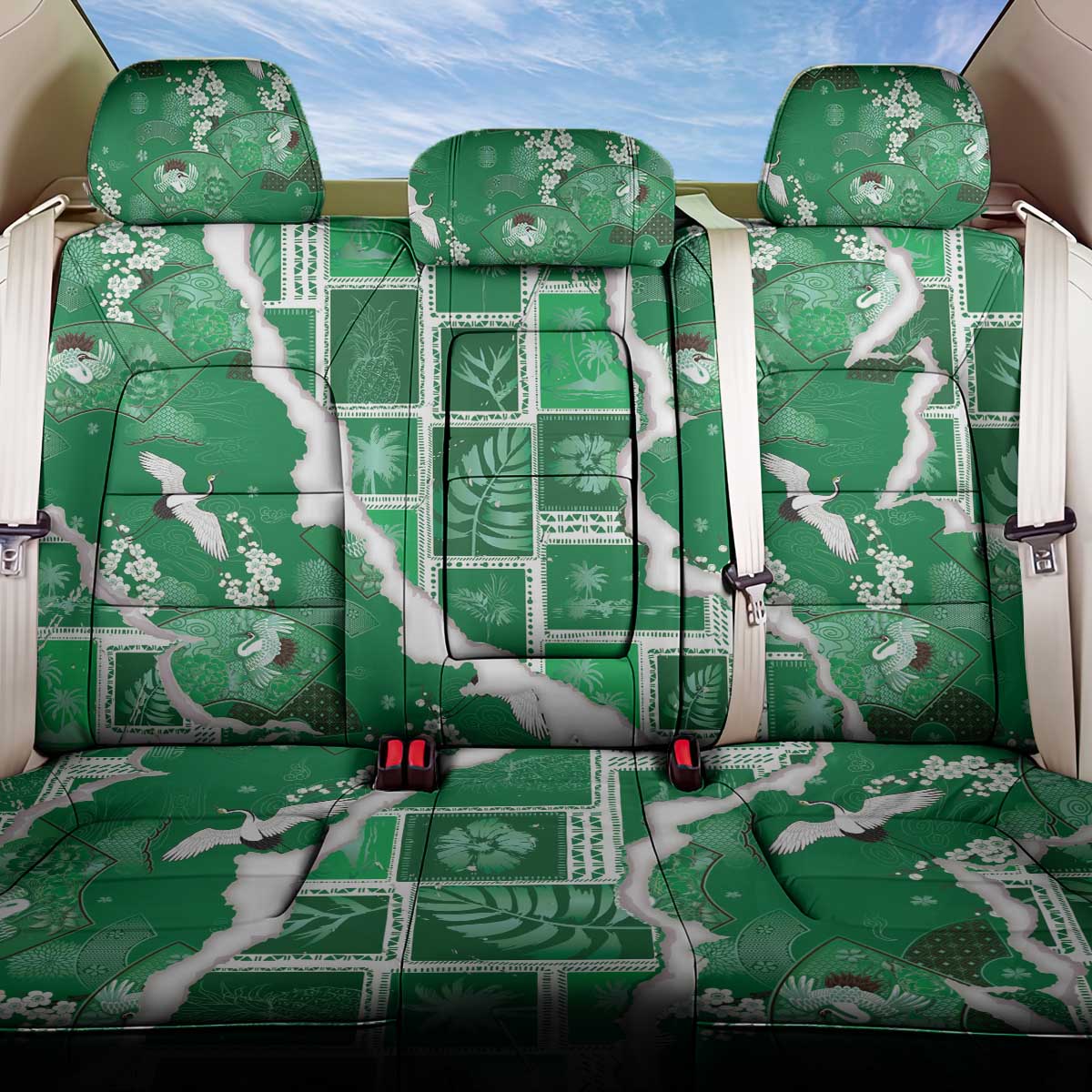 Hawaii Japanese Culture Green Back Car Seat Cover Spring Cranes Aloha Pattern