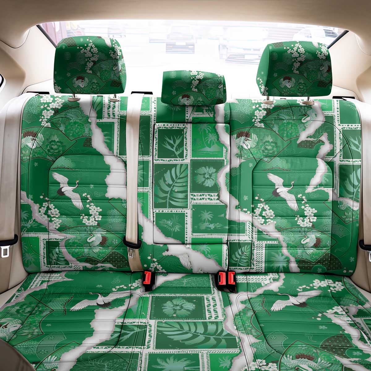 Hawaii Japanese Culture Green Back Car Seat Cover Spring Cranes Aloha Pattern LT01 - Polynesian Pride