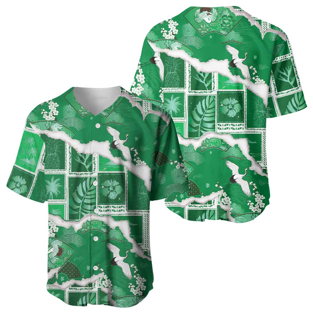 Hawaii Japanese Culture Green Baseball Jersey Spring Cranes Aloha Pattern LT01 - Polynesian Pride