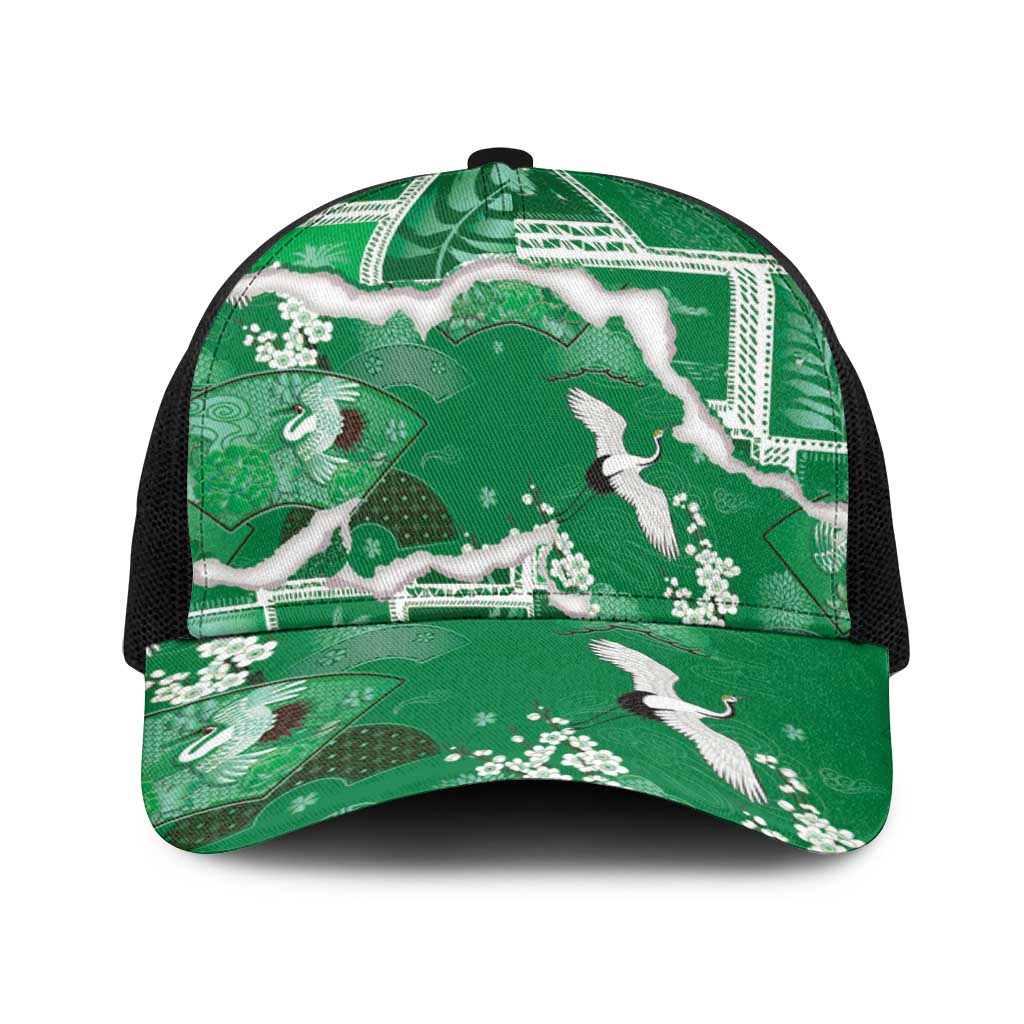 Hawaii Japanese Culture Green Baseball Net Cap Spring Cranes Aloha Pattern LT01 One Size Black Green - Polynesian Pride