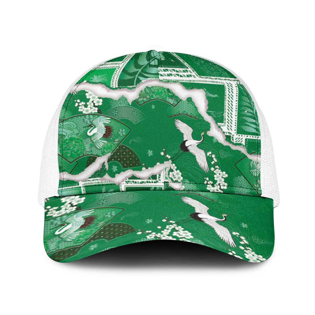 Hawaii Japanese Culture Green Baseball Net Cap Spring Cranes Aloha Pattern LT01 One Size White Green - Polynesian Pride