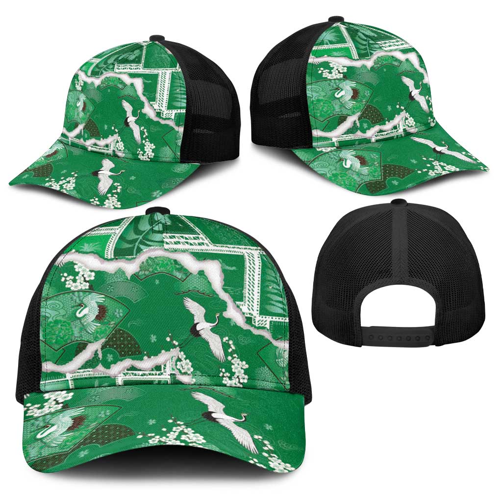 Hawaii Japanese Culture Green Baseball Net Cap Spring Cranes Aloha Pattern LT01 - Polynesian Pride