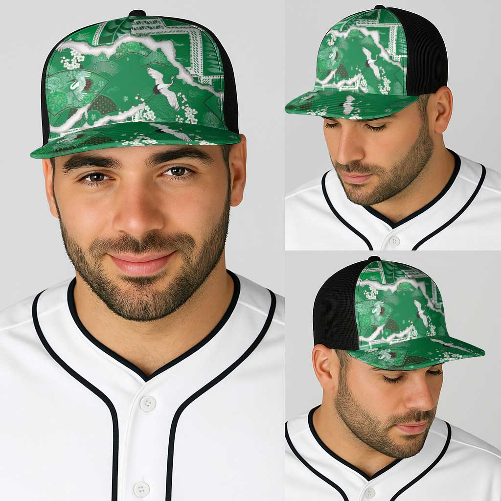 Hawaii Japanese Culture Green Baseball Net Cap Spring Cranes Aloha Pattern LT01 - Polynesian Pride