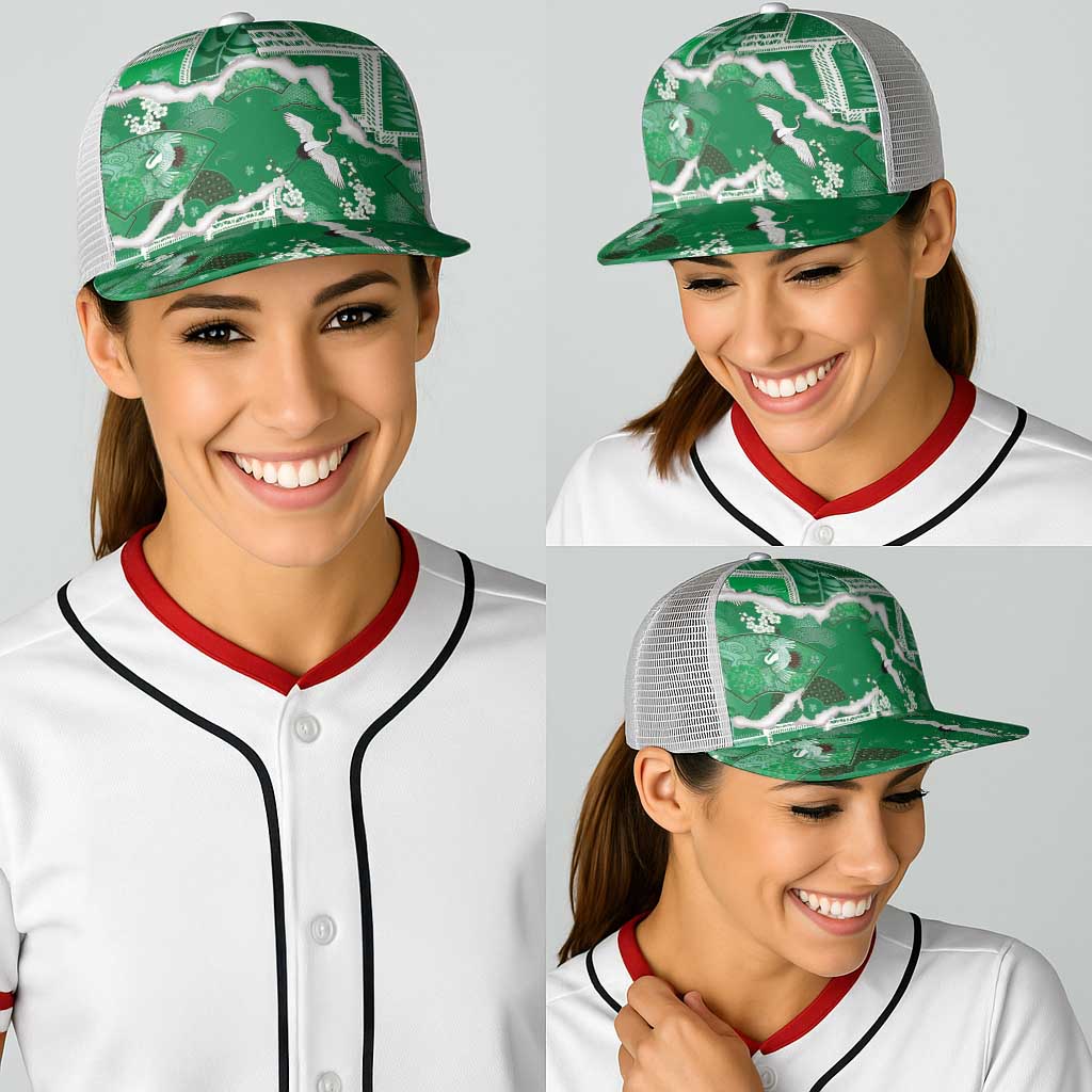 Hawaii Japanese Culture Green Baseball Net Cap Spring Cranes Aloha Pattern LT01 - Polynesian Pride