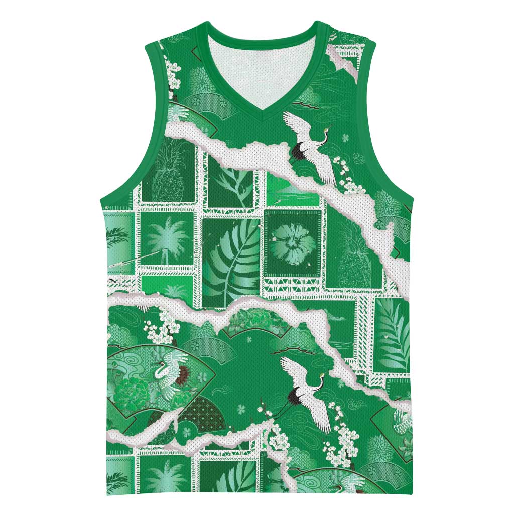 Hawaii Japanese Culture Green Basketball Jersey Spring Cranes Aloha Pattern LT01 Unisex Green - Polynesian Pride