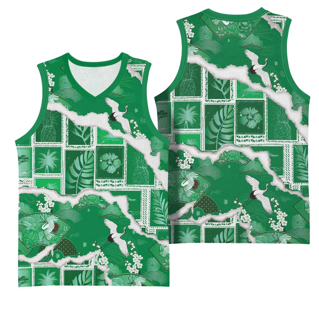 Hawaii Japanese Culture Green Basketball Jersey Spring Cranes Aloha Pattern LT01 - Polynesian Pride