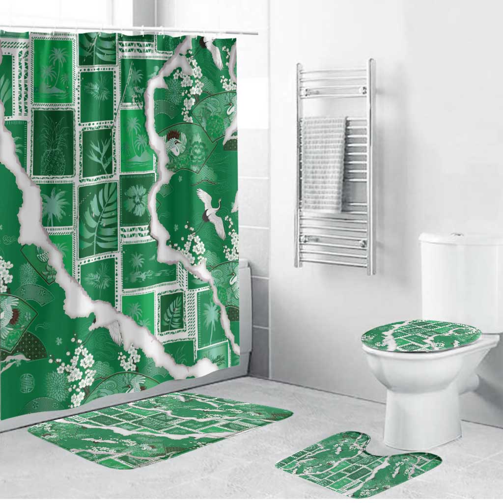 Hawaii Japanese Culture Green Bathroom Set Spring Cranes Aloha Pattern LT01 Bathroom Set (4 pcs) Green - Polynesian Pride