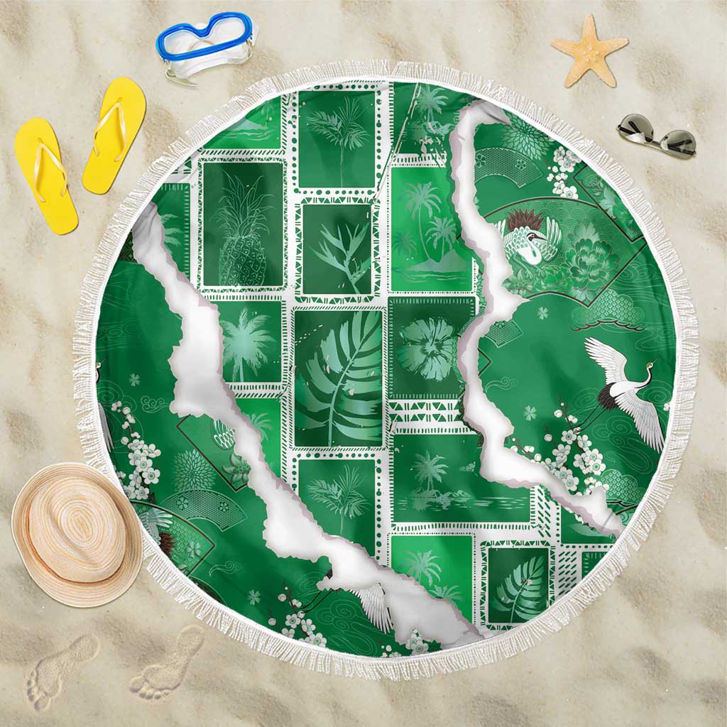 Hawaii Japanese Culture Green Beach Blanket Spring Cranes Aloha Pattern LT01 One Size 150cm Green - Polynesian Pride