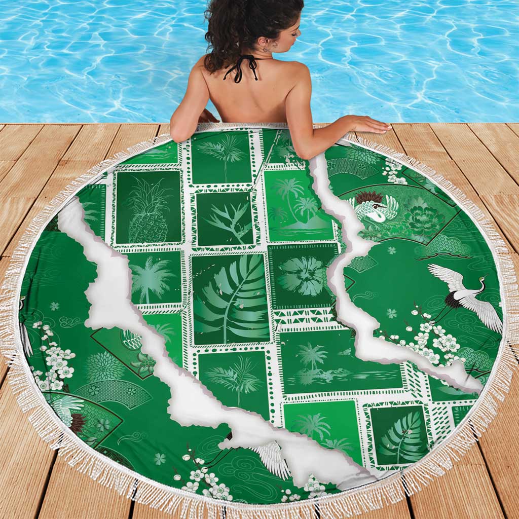 Hawaii Japanese Culture Green Beach Blanket Spring Cranes Aloha Pattern LT01 - Polynesian Pride