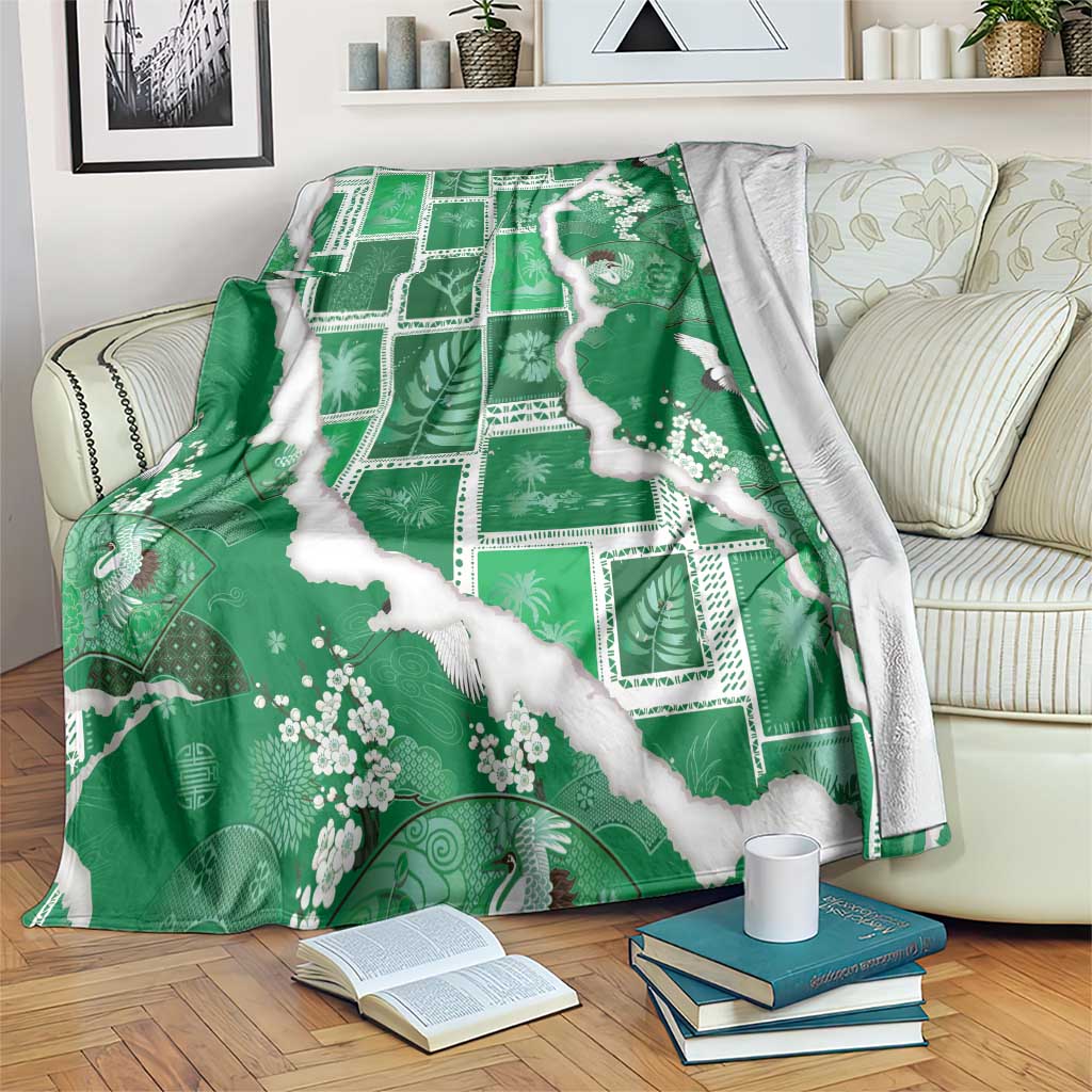 Hawaii Japanese Culture Green Blanket Spring Cranes Aloha Pattern LT01 Green - Polynesian Pride