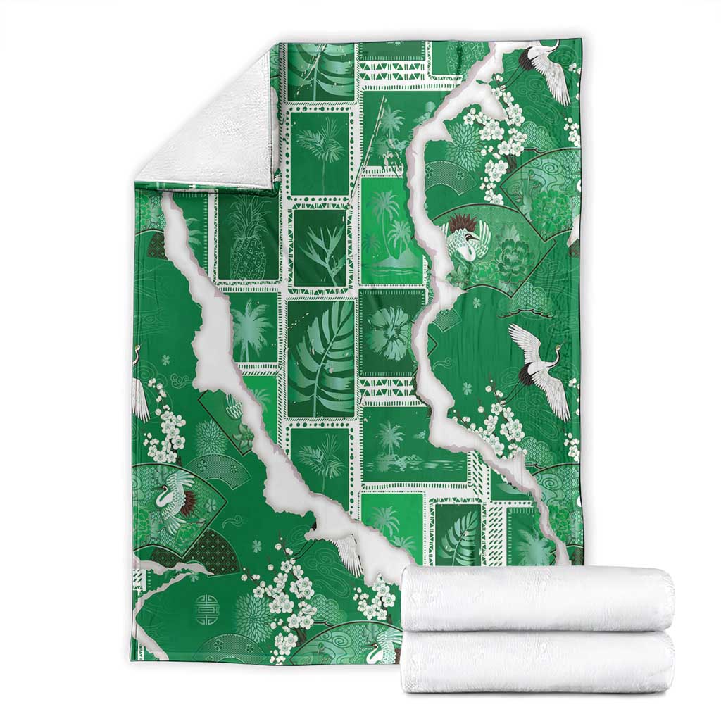 Hawaii Japanese Culture Green Blanket Spring Cranes Aloha Pattern LT01 - Polynesian Pride