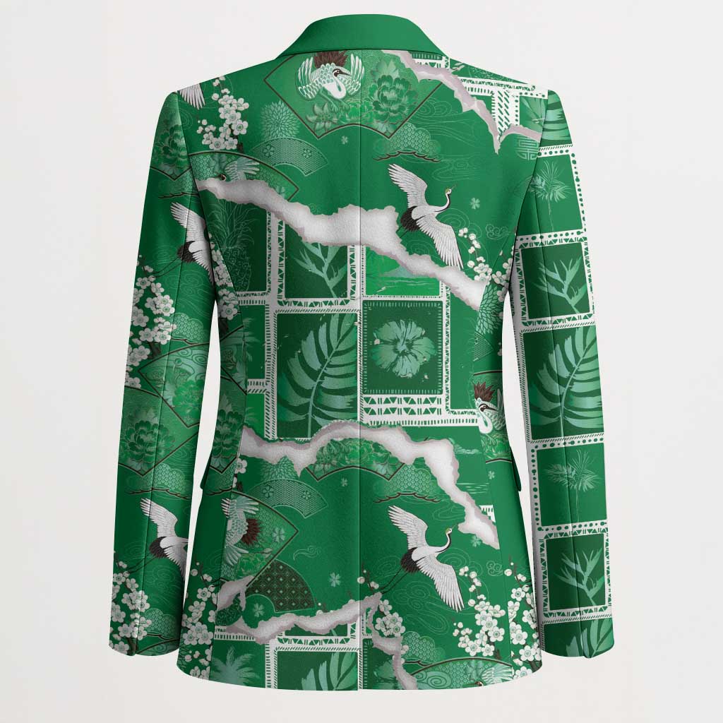 Hawaii Japanese Culture Green Blazer Spring Cranes Aloha Pattern LT01 - Polynesian Pride