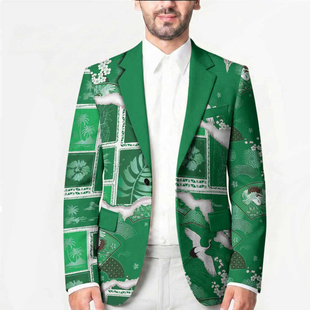 Hawaii Japanese Culture Green Blazer Spring Cranes Aloha Pattern LT01 - Polynesian Pride