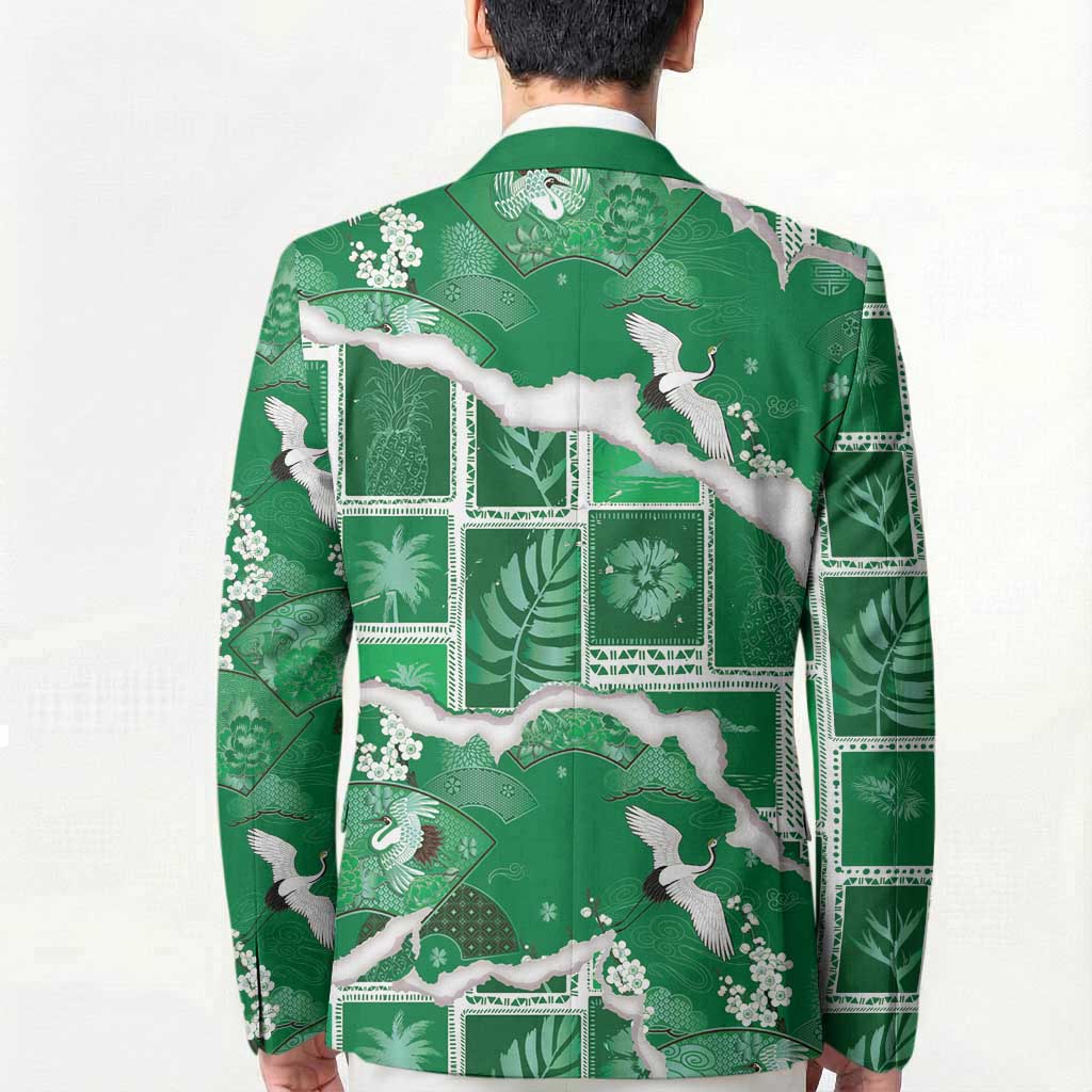 Hawaii Japanese Culture Green Blazer Spring Cranes Aloha Pattern LT01 - Polynesian Pride