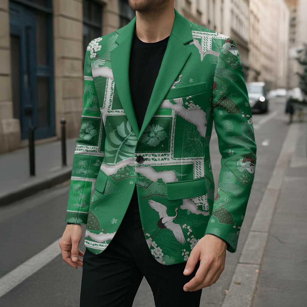 Hawaii Japanese Culture Green Blazer Spring Cranes Aloha Pattern LT01 - Polynesian Pride